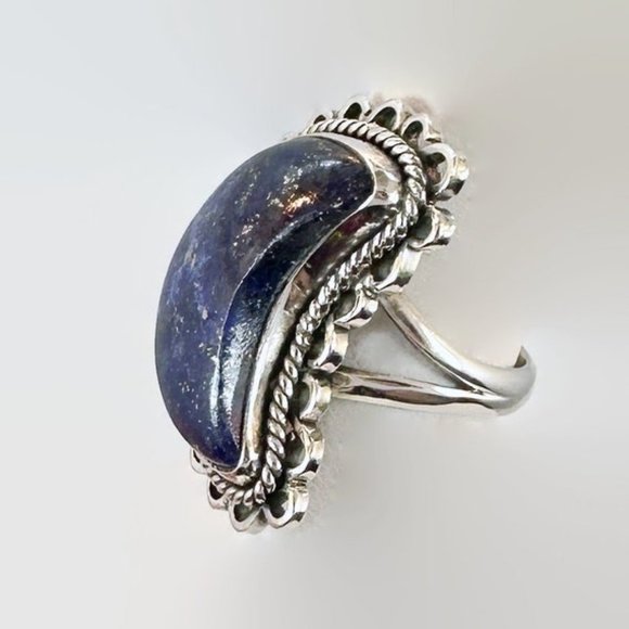 Lapis Ring, Moon, Sterling Silver, Crescent Moon, Artisan, Size 6 1/2, Statement - Picture 3 of 6